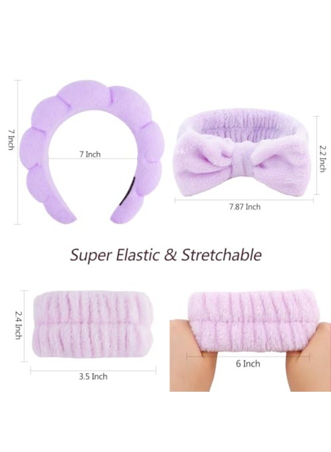 JUMEI 4 Pack Purple Spa Headband &  Wristbands Set, Soft Makeup Skincare Headbands with Bow, Face Wash Hair Accessories for Women - Image 5